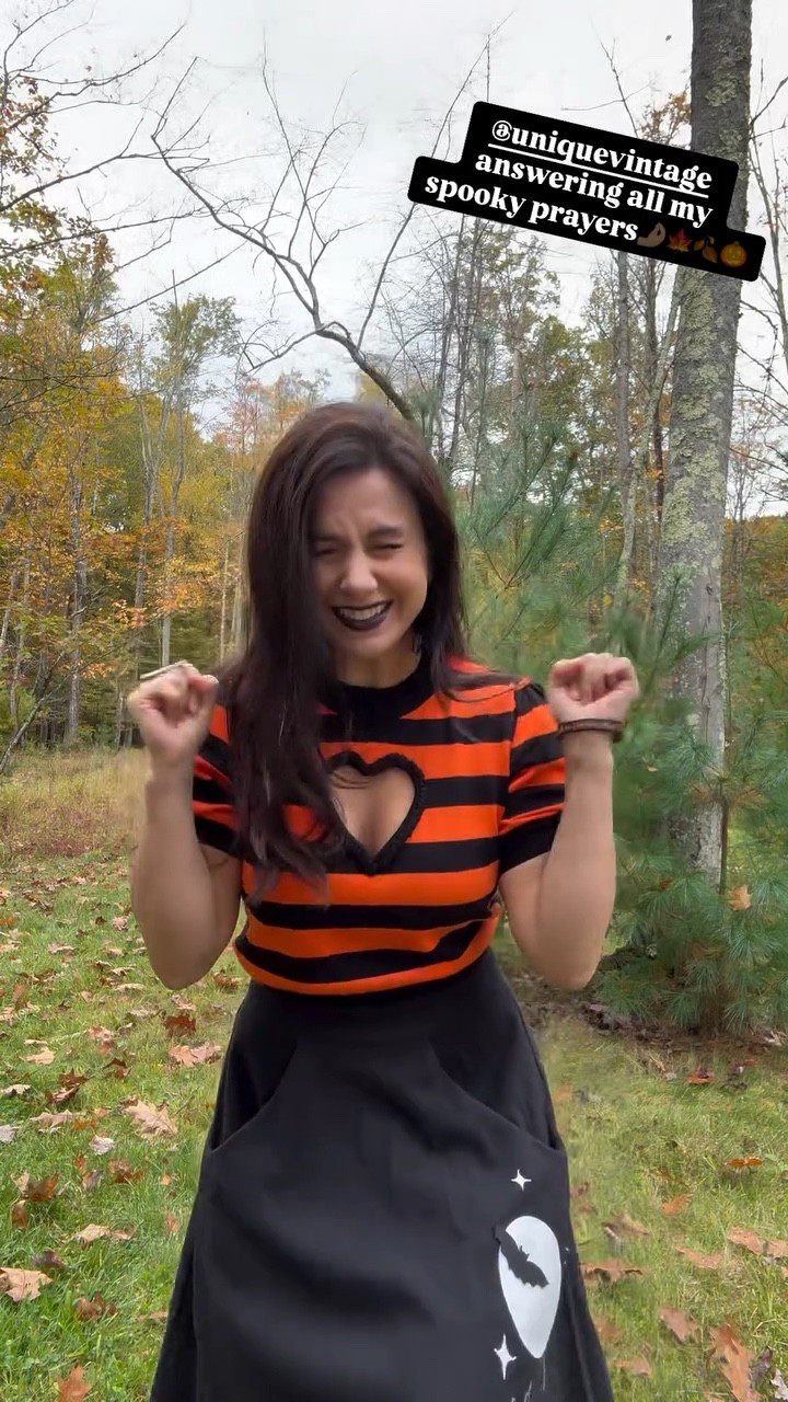 uniquevintage answering all my spooky prayers🤌🏼🍁🍂🎃 
Outfit linked! 
Both are smalls and tts 
Skirt comes with a sound box that plays spooky sounds 👻

#LTKSeasonal #LTKVideo #LTKHalloween
