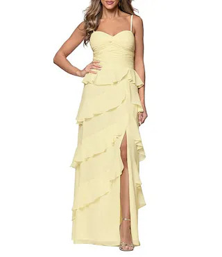 Long Chiffon Sweetheart Sleeveless Tier Ruffle A-Line Gown | Dillard's