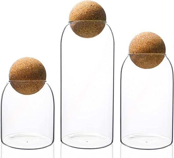 3 Pack Modern Clear Glass Storage Jar with Wood Ball Cork Lid Airtight Transparent Canister (17oz... | Amazon (US)