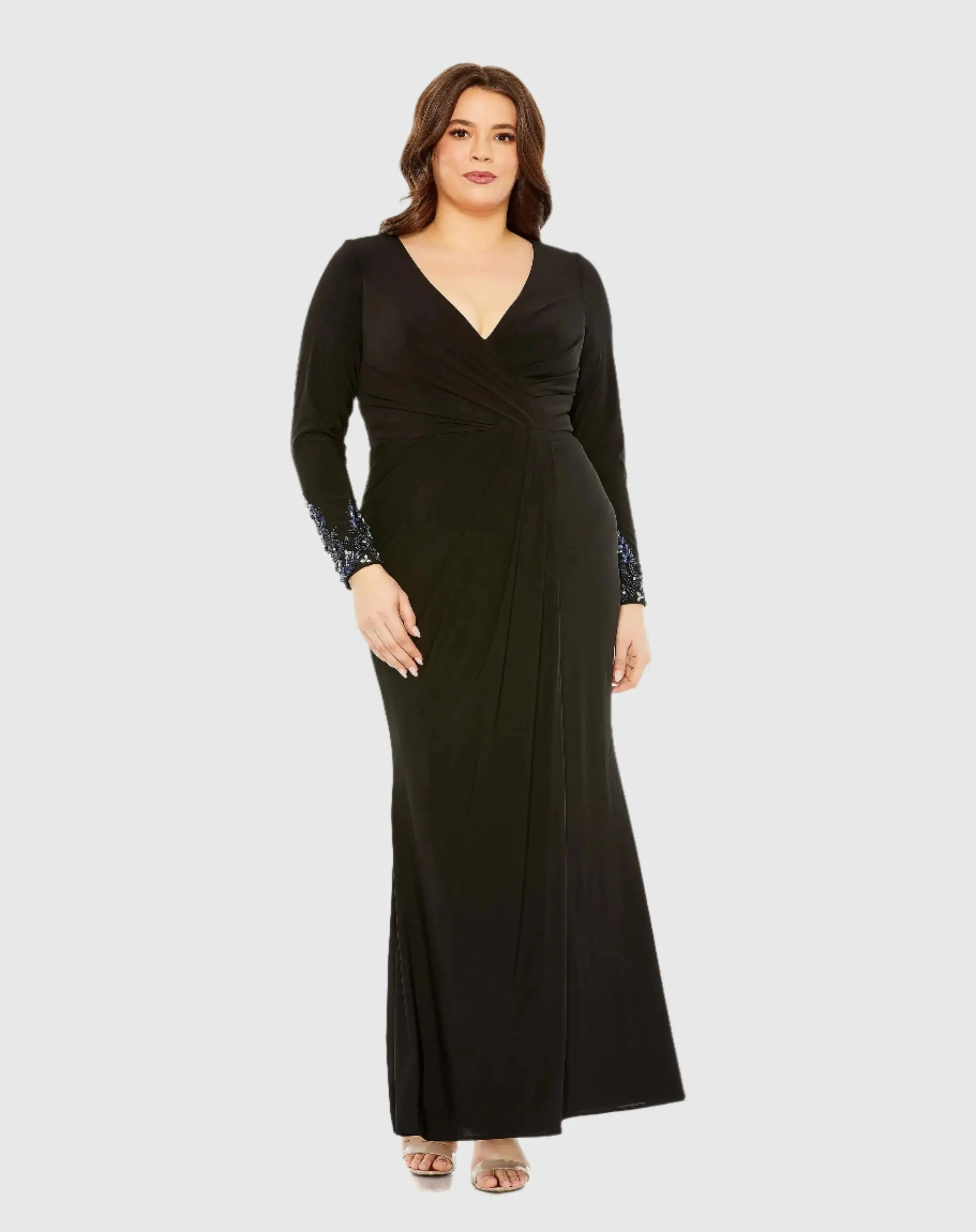 Black Long Crystal Detail Sleeve V Neck Gown - Mac Duggal | Mac Duggal