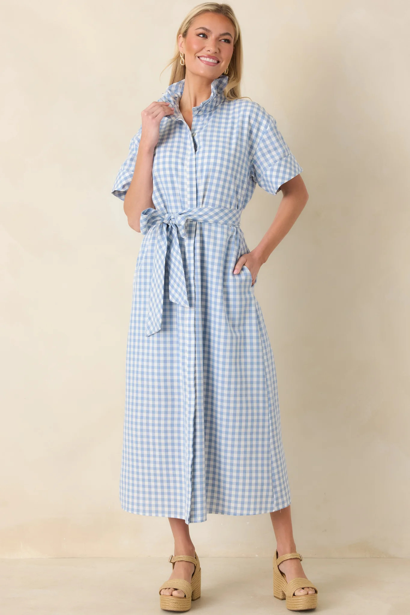 Check Me Out Blue Gingham Ruffle Collar Belted Maxi Dress | Red Dress