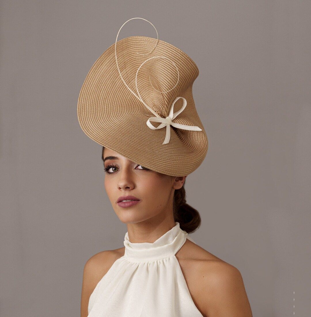 Elegant Woman Wedding Fascinator Hat Beige, Camel Derby Saucer Hat, Champagne Ascot Fascinator Ha... | Etsy (US)