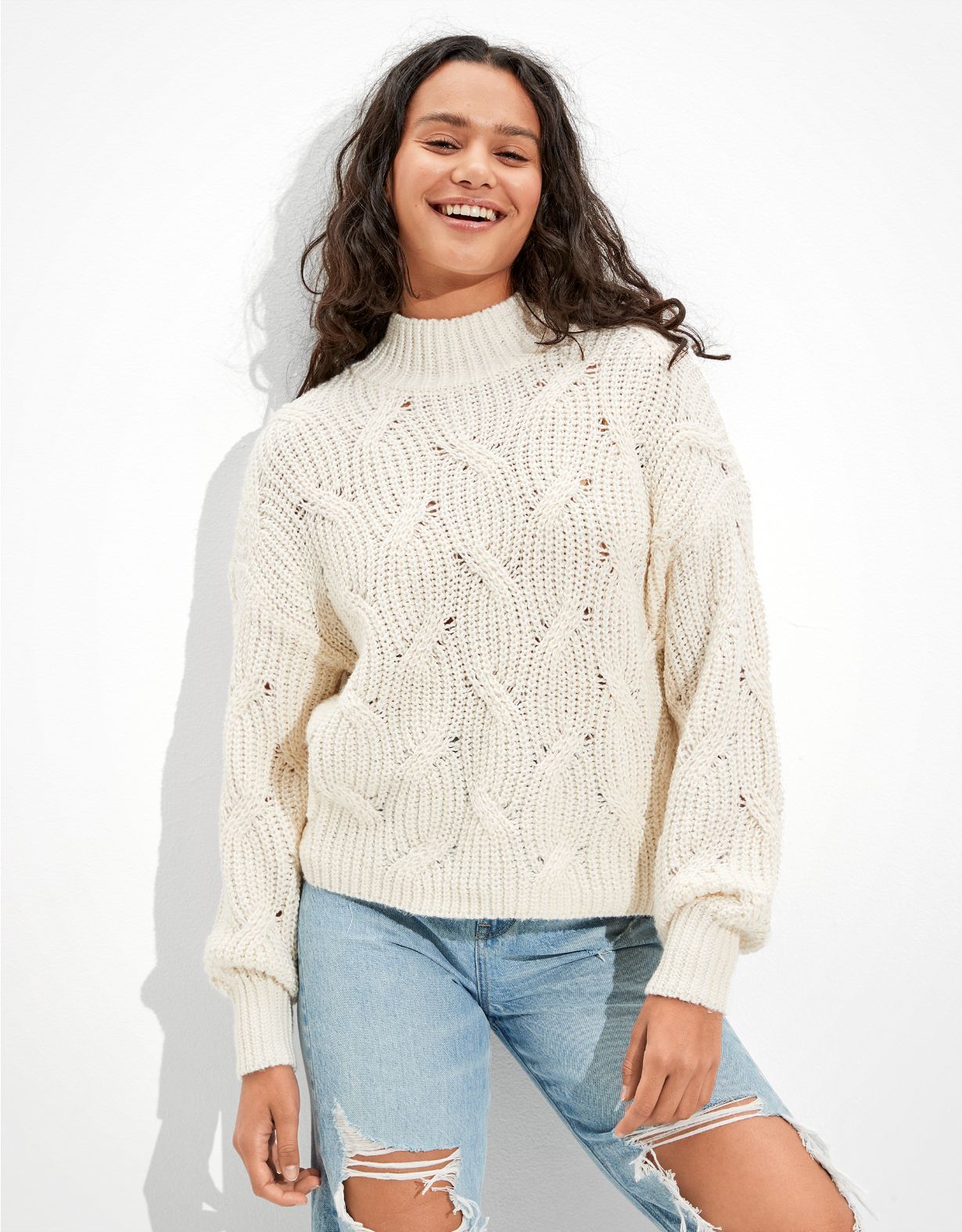 AE Cable Knit Mock Neck Sweater | American Eagle Outfitters (US & CA)