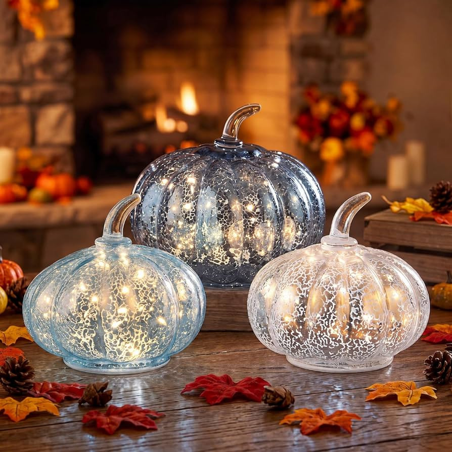 Fumete 3 Pcs Fall Home Decoration Crackle Glass Pumpkin Light Set | Amazon (US)