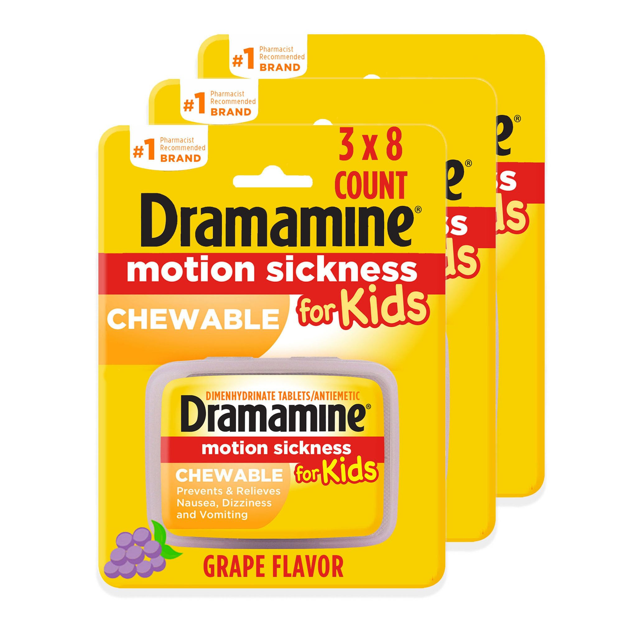 Dramamine Kids Chewable, Motion Sickness Relief, Grape Flavor, 8 Count, 3 Pack | Amazon (US)