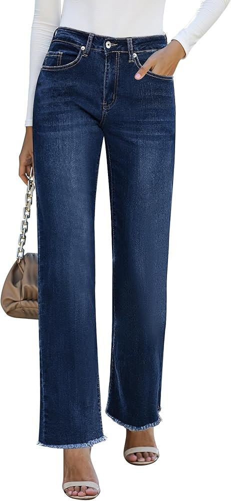 GRAPENT Straight Leg Jeans for Women High Waisted Stretchy Frayed Raw Hem Loose Denim Pants Casua... | Amazon (US)