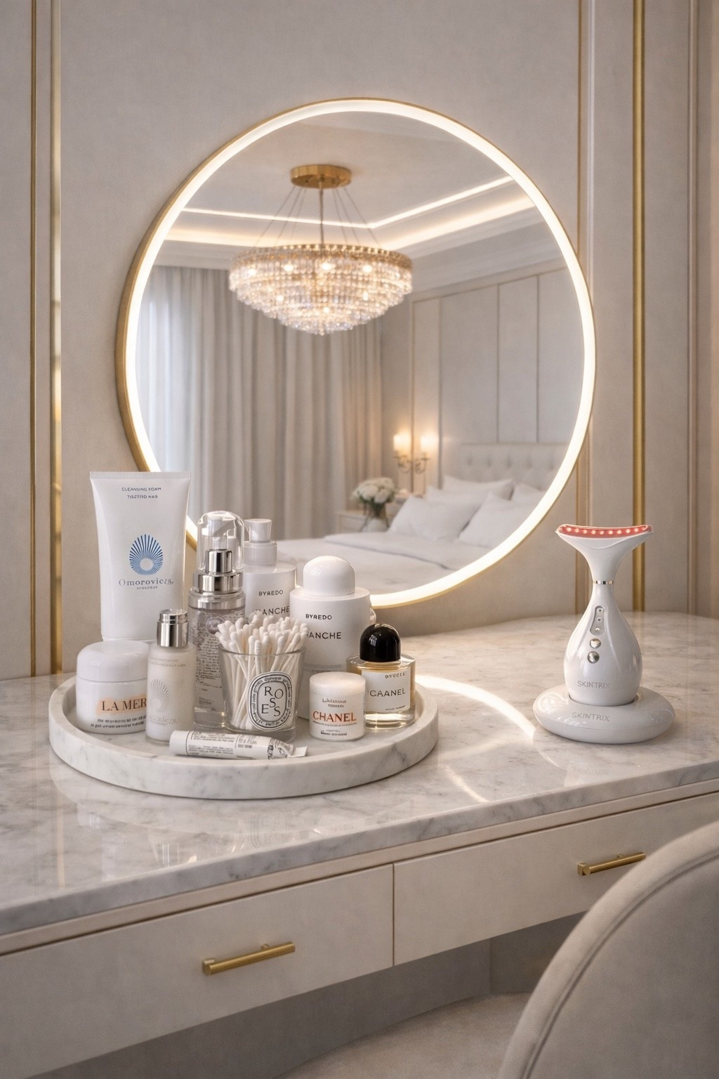 Elegant neutral vanity styling featuring a round LED backlit mirror, marble countertop, soft gold hardware, and curated beauty essentials. This modern glam makeup station blends warm lighting, creamy textures, and timeless luxury for the perfect Pinterest-worthy setup. Ideal for creating a high-end beauty corner with hotel-inspired aesthetics and organic modern details.

#luxuryvanity #makeupvanitysetup #ledmirror #marblevanity #neutraldecor #moderninterior #glamhome #beautycorner #vanityinspo #homedecorideas #pinteresthome #ltkhome #organicmodern #goldaccents #minimalglam