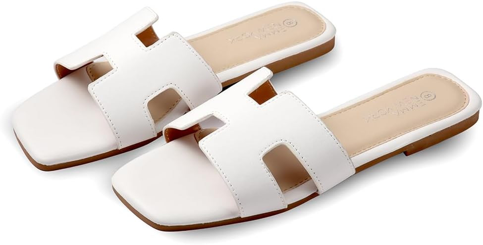 Women's Sandals Slip On Leather Slide Sandals Summer Sandals For Women 2024 Dressy Flat Sandals C... | Amazon (US)