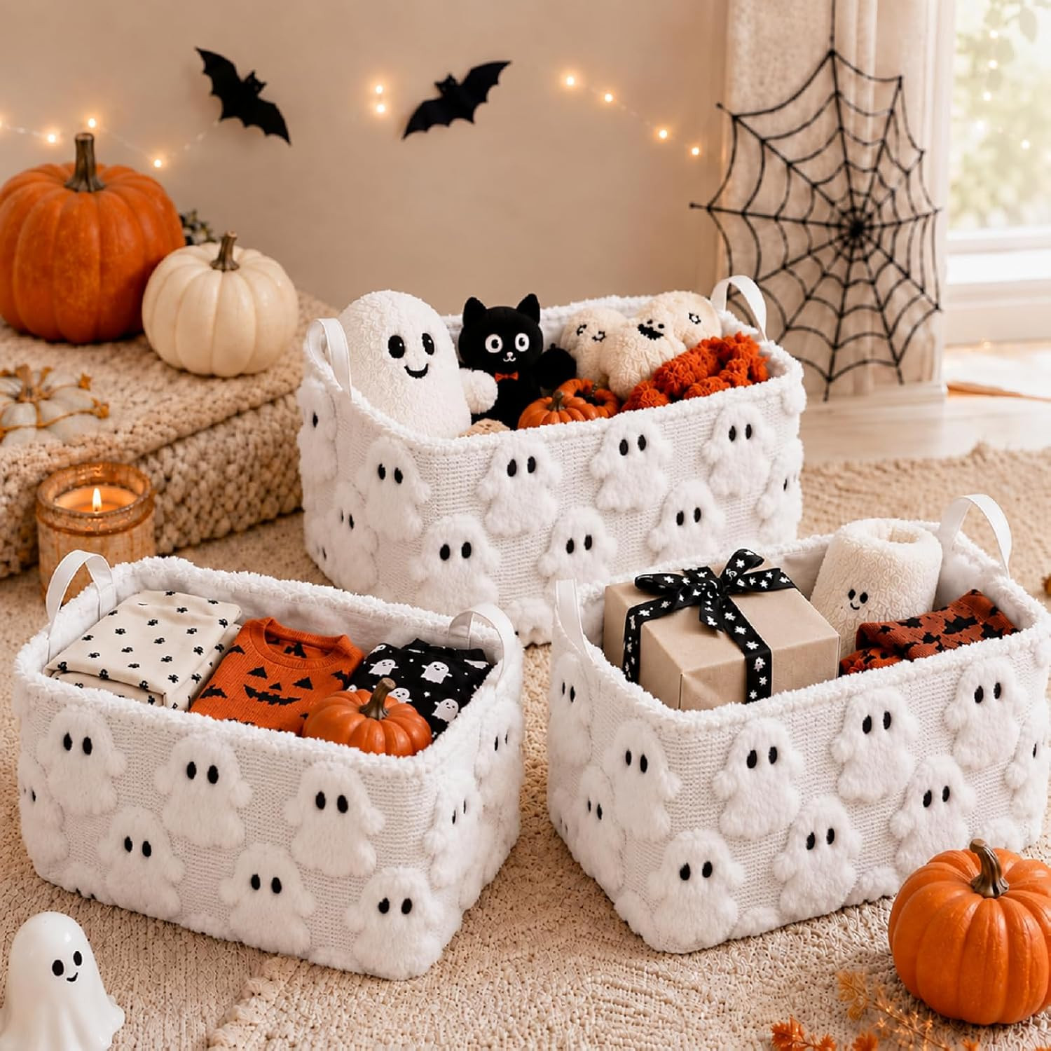 3 Pcs Halloween Storage Baskets Halloween Ghost Laundry Basket Plush Faux Fur Jacquard Design with Handles Waterproof Storage Bins Fabric Shelf Baskets for Holiday Party Decorations | Amazon (US)