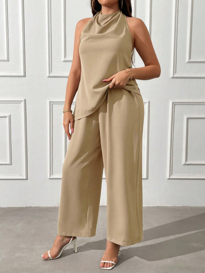 SHEIN Privé Plus Size Women's Solid Color Simple Daily Outfit, Long-Sleeved Top And Pants Set | SHEIN