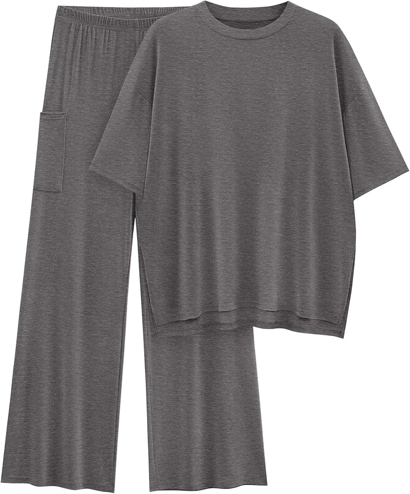 KIRUNDO Womens 2 Piece Outfits Lounge Set 2024 Casual Loose Short Sleeve Knit Pullover Tops and W... | Amazon (US)