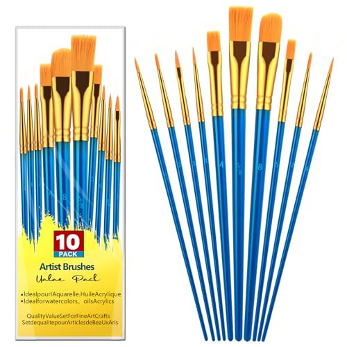 DOMMARE 10Pcs Paint Brushes Kids Paintbrushes Bulk Nylon Hair Artist Acrylic Paint Brush with Wooden Handle for Oil Watercolor, Face Nail Art, Miniature Detailing & Rock Painting, Blue | Amazon (US)