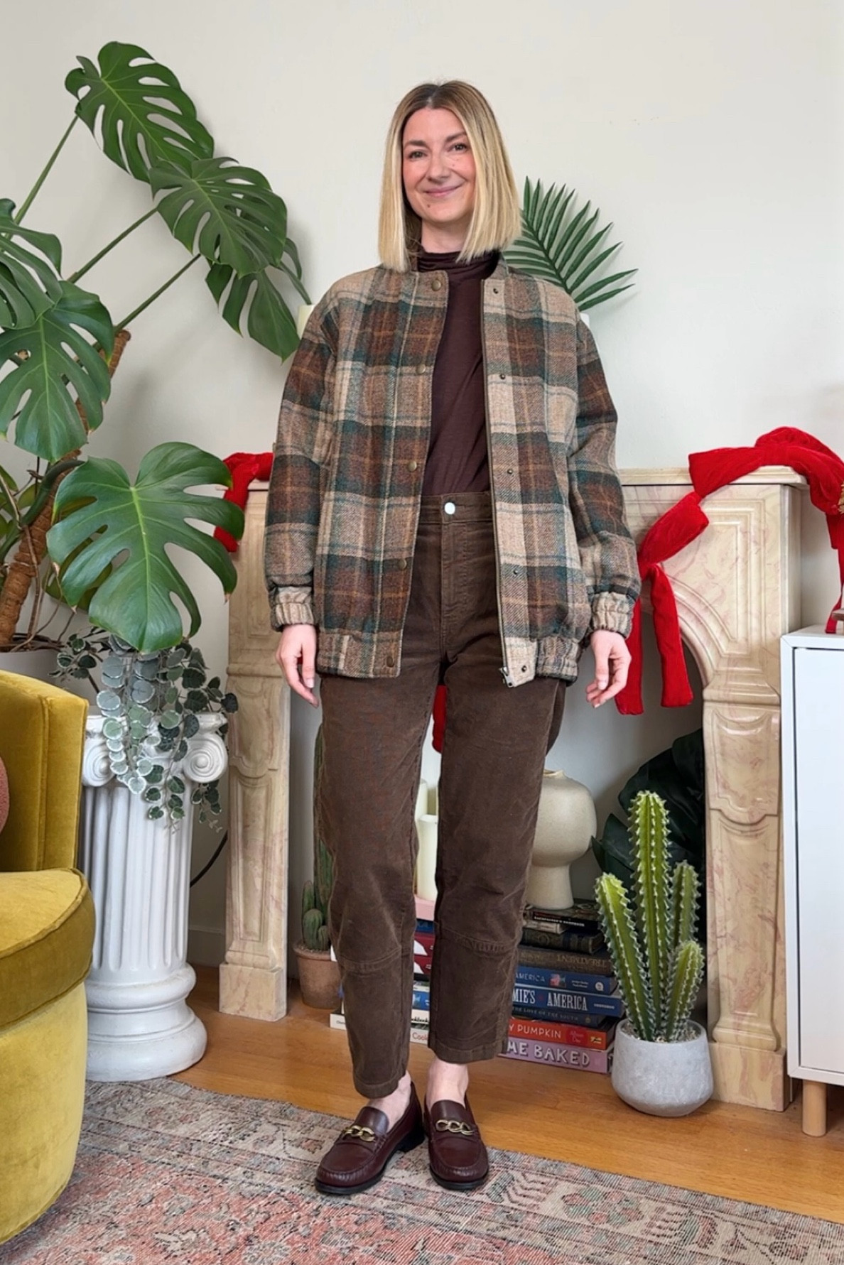 Chocolate brown cord pants paired with plaid wool bomber jacket in brown and forest green ✨ paired with chocolate brown leather loafers 