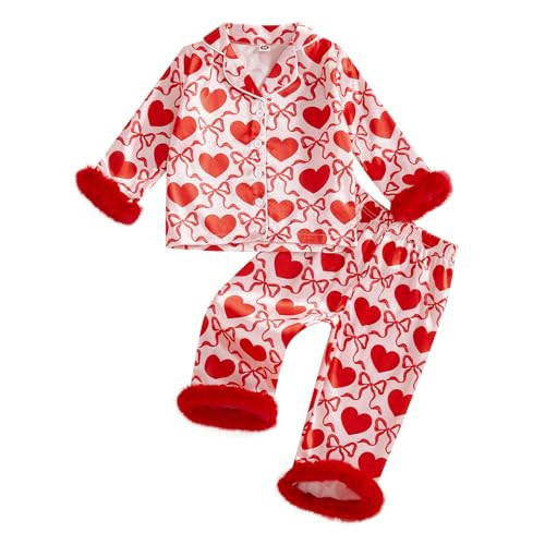 Qiylii Valentine's Pajamas for Toddler Girl Fuzzy Trim Silk Button-Up Valentine's Satin Satin Pjs 2PC Sleepwear Loungwear (Red Bow Heart 4-5T) | Amazon (US)