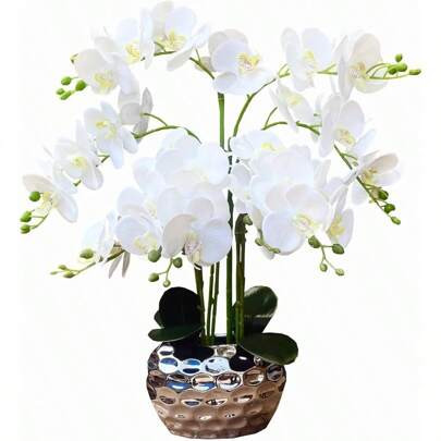Orchid Artificial Flowers For Home Decor, Faux Orchids With Silver Vase Phalaenopsis Fake Flowers Real Touch Flowers Plants White Orquideas Arrangemen | SHEIN