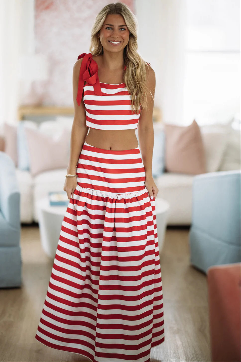 2 Steps Ahead Crop Top and Maxi Skirt Set - Red and White | Hazel and Olive