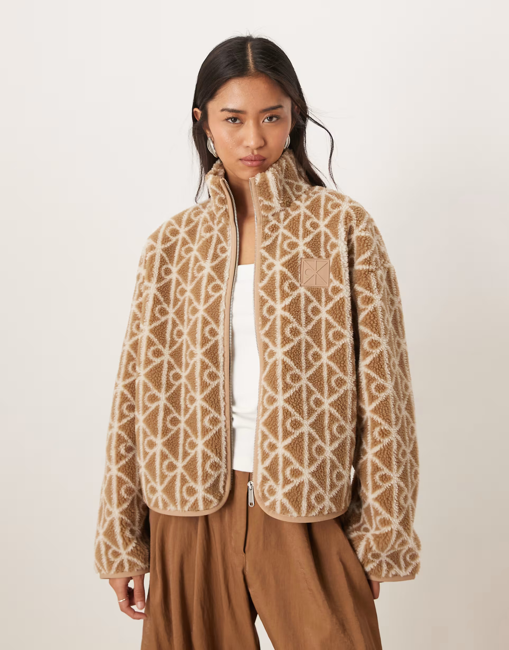 Calvin Klein Jeans monogram logo sherpa jacket in beige | ASOS (Global)