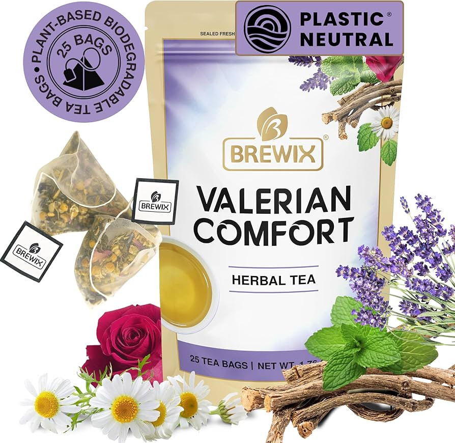 BREWIX, Valerian Comfort Tea (25 Pyramid Bags) Caffeine-Free for Bedtime | Valerian Root, Chamomi... | Amazon (US)
