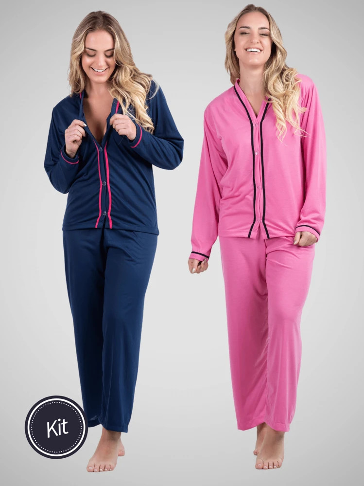 Kit 2 Conjuntos Pijama Longo Botão Amamentação Pós Parto Confortável Calça Manga Longa Moda Feminina | SHEIN