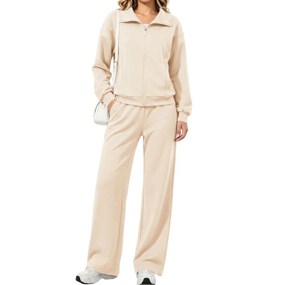 UVN Two Piece Sets for Women Fall Winter Fashion Tracksuit Outfits Lapel Long Sleeve Zip Up Tops ... | Walmart (US)