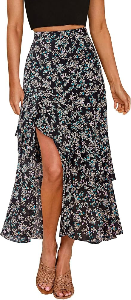 BTFBM Women 2026 Spring Summer Long Skirts Dress Boho Floral Elastic Waist Split Ruffle High Low ... | Amazon (US)