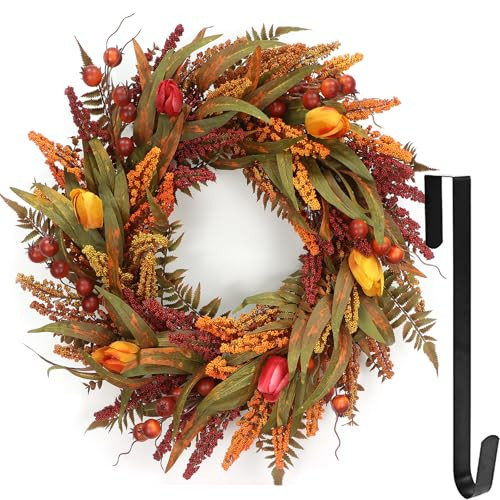 24’’ Fall Wreath - Fall Wreaths for Front Door with Foliage, Berry Cattails and Flowers for Outdoors, Indoor Walls, Windows, Holidays, Thanksgiving,Harvest Wreaths Fall Decorations | Amazon (US)