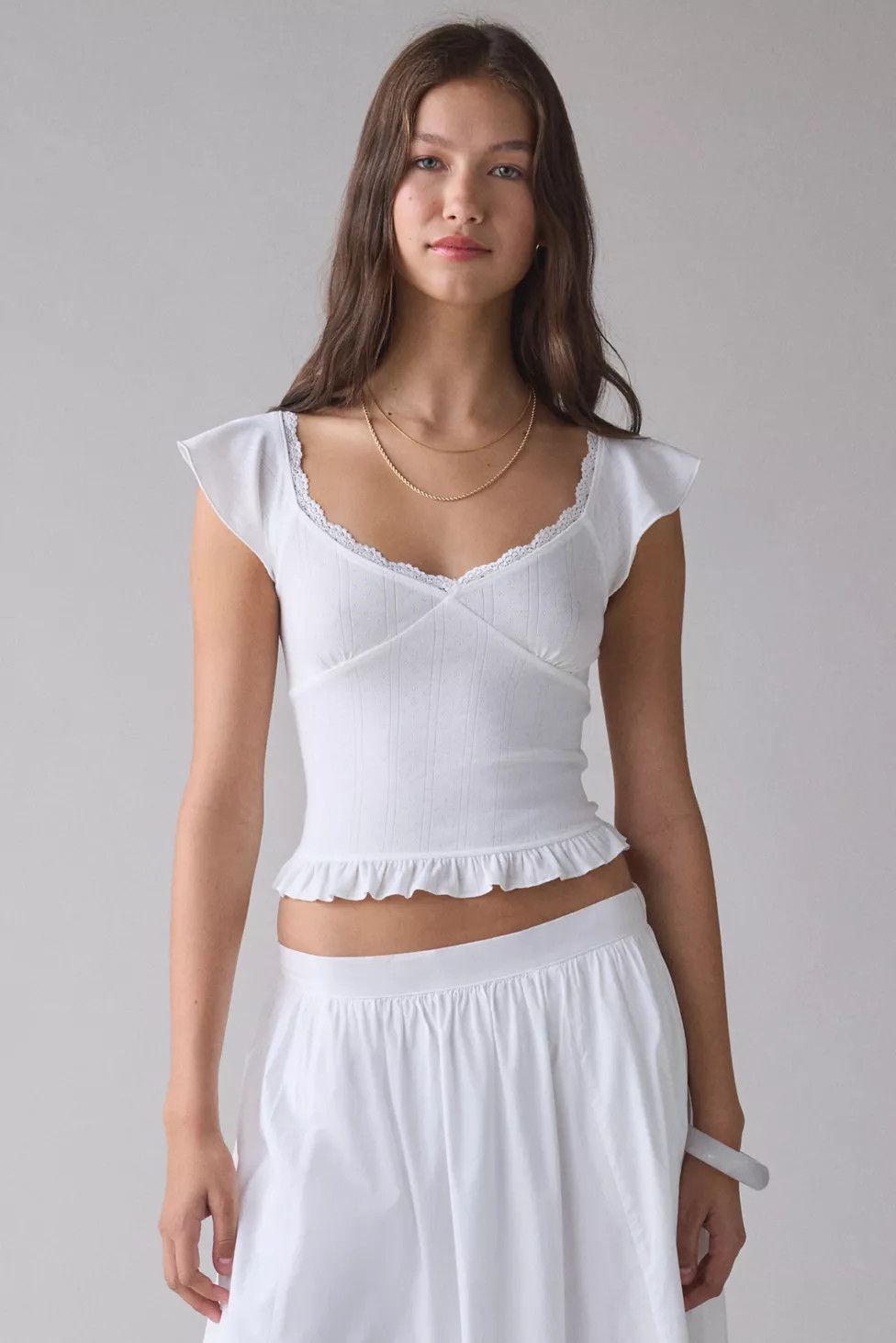 Kimchi Blue Posie Pointelle Knit Lace-Trim Ruffle Top | Urban Outfitters (US and RoW)