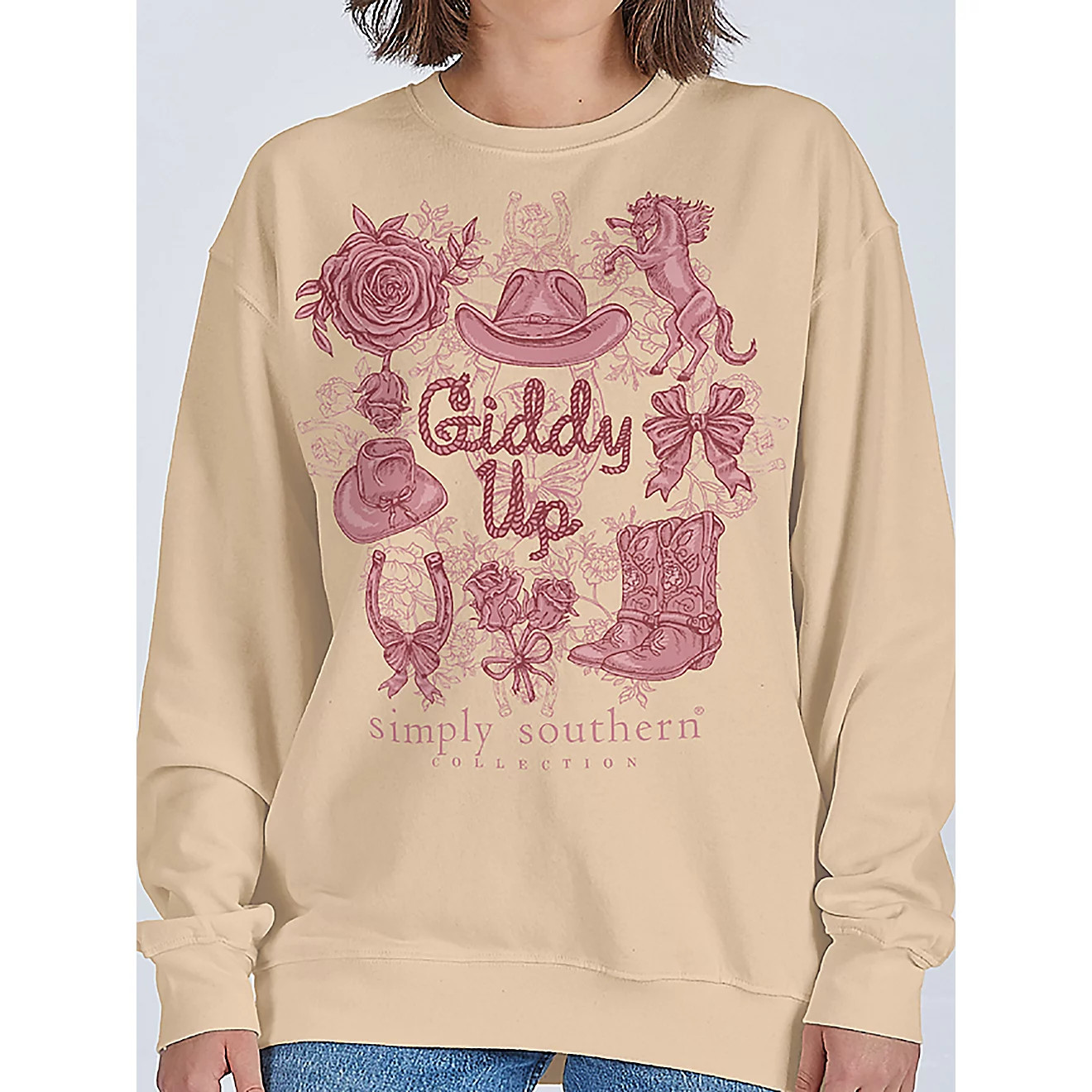 Simply Southern Girls' Giddy Up Sand Crewneck Sweater | Academy Sports + Outdoors