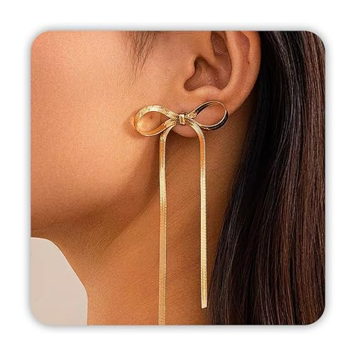 DAYANEY Bow Earrings Gold Dangle Earrings for Women, Ribbon Earrings Bow Jewelry as Gold Statement Earrings, Drop Tassel Long Earrings Gold Jewelry as Prom Earrings Wedding Earrings Trendy | Amazon (US)