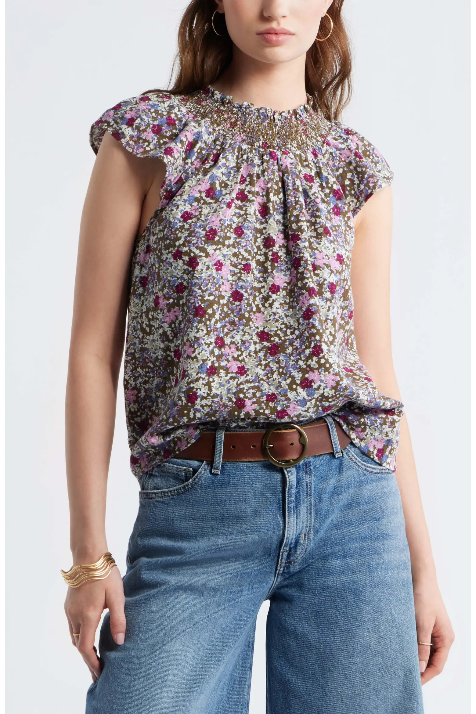 Smocked Neck Linen Blend Top (Women) | Nordstrom | Nordstrom