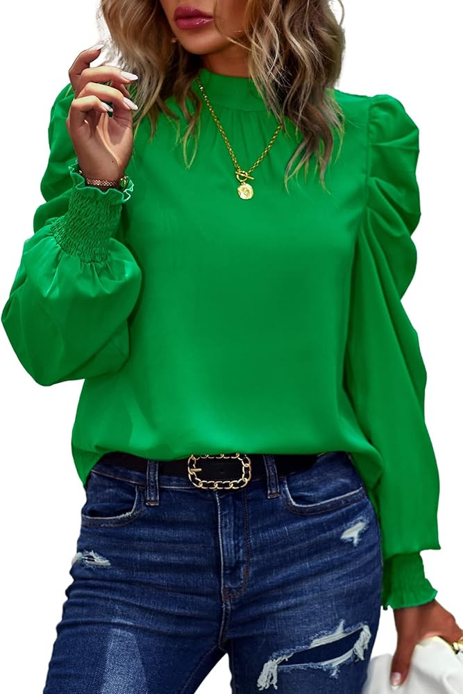 Angashion Womens Tops Casual Crewneck Long Lantern Sleeve Self Tie Blouses Solid Tunic Shirts 202... | Amazon (US)