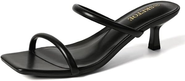 Kitten Heels for Women Two-Strap Open Toe Sandals Square Toe Heels | Amazon (US)