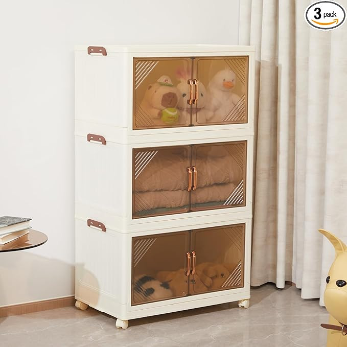 3-Tier Storage Bins with Lids, 58QT Stackable Storage Bins with Wheels, Closet Organizer and Stor... | Amazon (US)