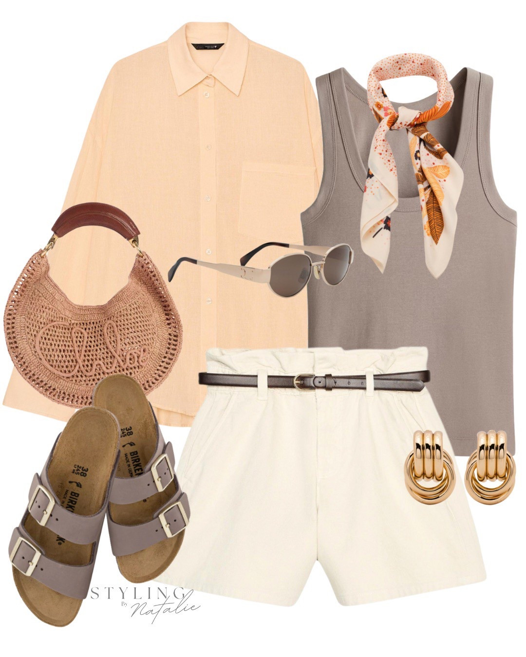 Linen shirt, scoop neck vest top, scarf, belted paper bag shorts, Chloe raffia bag, Celine sunglasses, Birkenstock sandals & gold earrings. Casual chic outfit, Zara, holiday outfit 

#LTKstyletip #LTKsummer #LTKuk