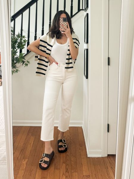 Weekend casual outfit with white jeans
These sandals are SO comfy! I love how stylish they look!!! 🖤

#LTKfindsunder100 #LTKfindsunder50 #LTKstyletip