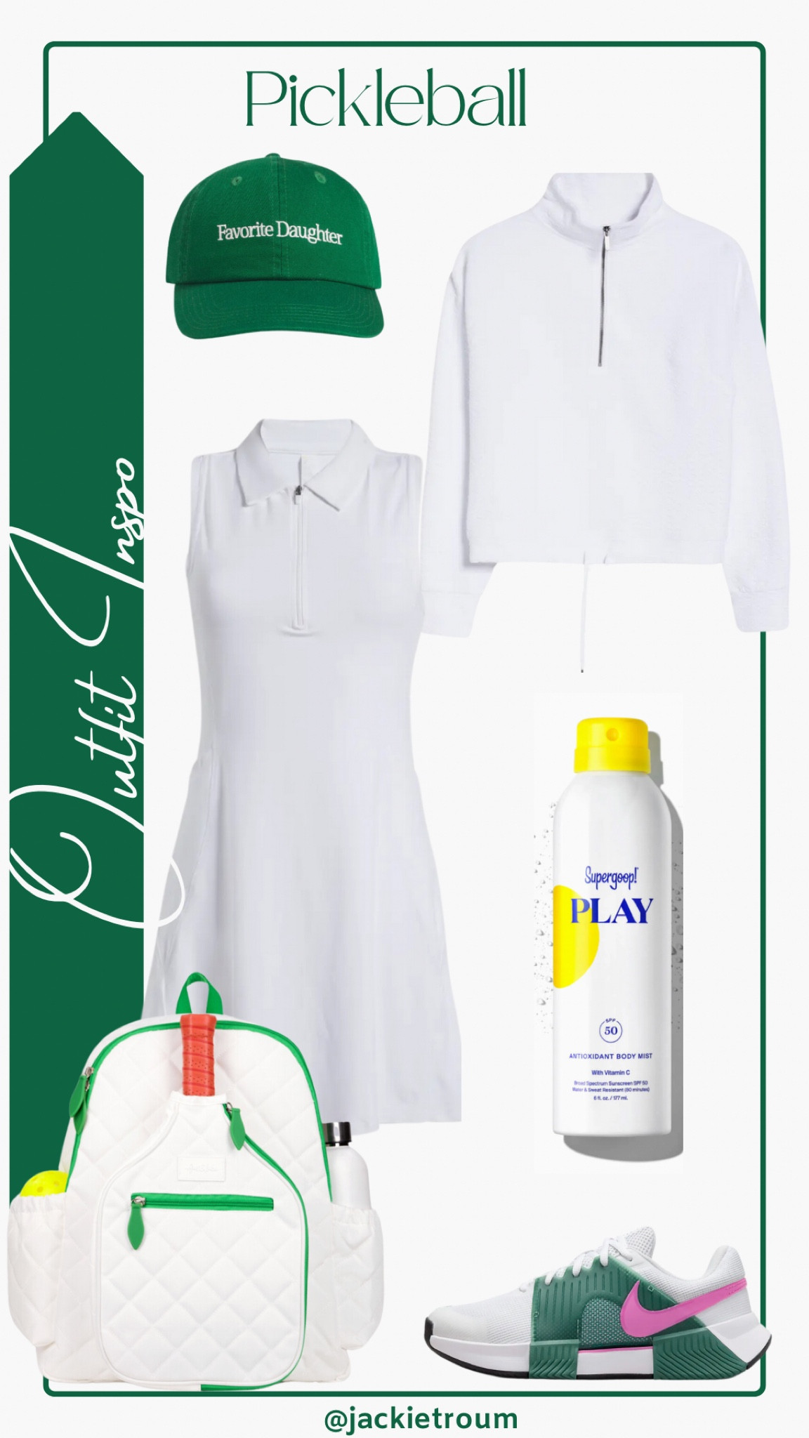 Pickleball Fit

White Sleeveless Polo Dress & Half Zip: Zella
Pickleball Backpack: Ame & Lulu
Tennis Shoes: Nike 
Green Baseball Cap: Favorite Daughter
Water Bottle: BKR

Supergoop Play Sunscreen

#LTKFitness #LTKSeasonal #LTKActive