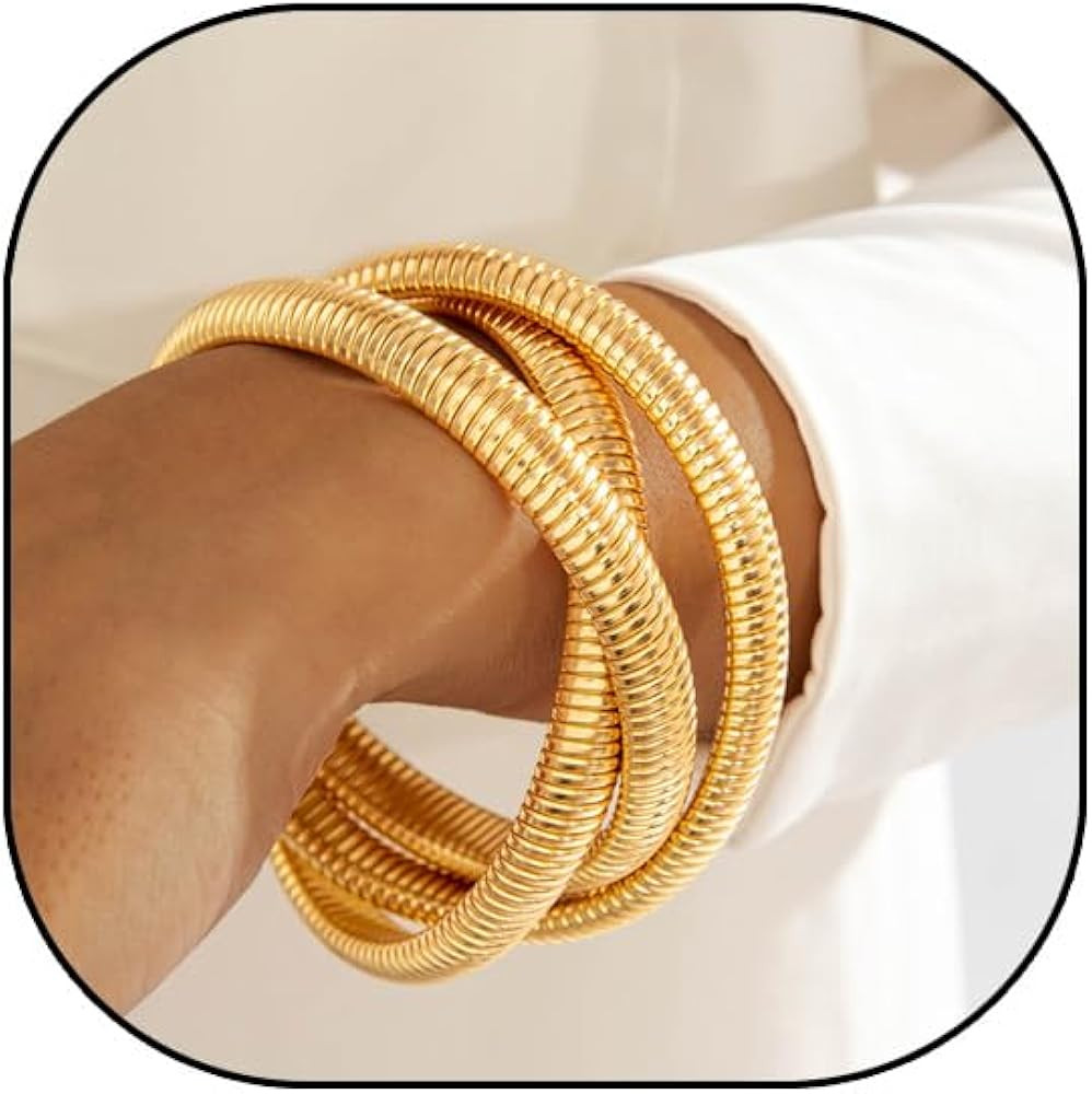 Gold Bangles for Women Chunky Bracelets Gold Plated 3-Layered Wide Ribbed Design Bangle Jewelry | Amazon (US)