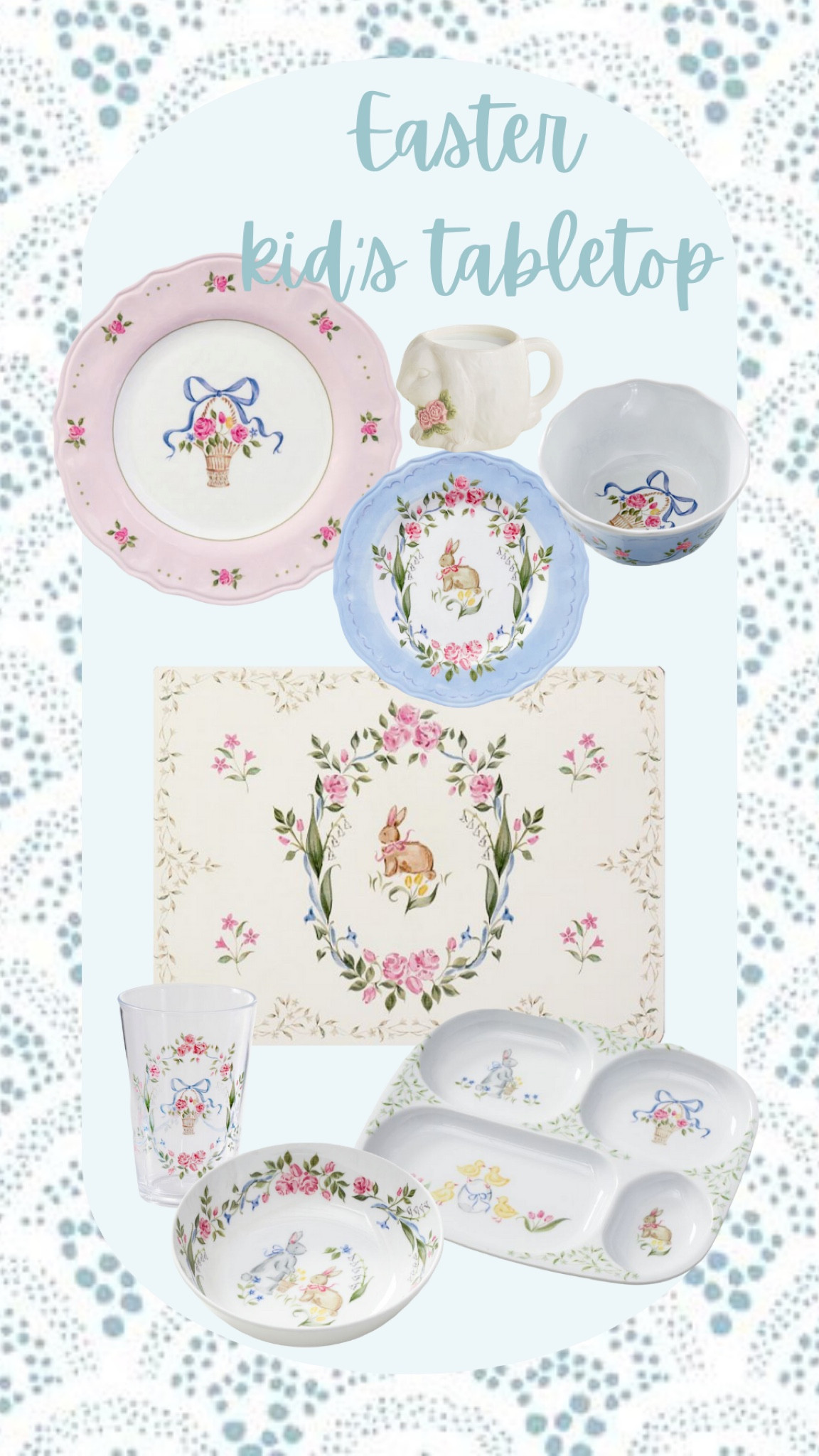 Little girl Easter pink and blue tabletop.  Floral bunny and bows plates, cups, bowls, and placemats. 


Easter tabletop
Love shack fancy
Girly decor
Springtime
Spring decor

#LTKfindsunder50 #LTKkids #LTKSeasonal