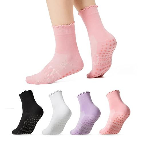 COOLMATE 3 Pairs Ruffle Pilates Socks with Grips for Women, Cute Non - Slip Crew Socks for Yoga, Barre, Lagree, Pregnant (US, Numeric, 6, 10, Regular, Regular, 4, Black/White/Light Purple/Pink) | Amazon (US)
