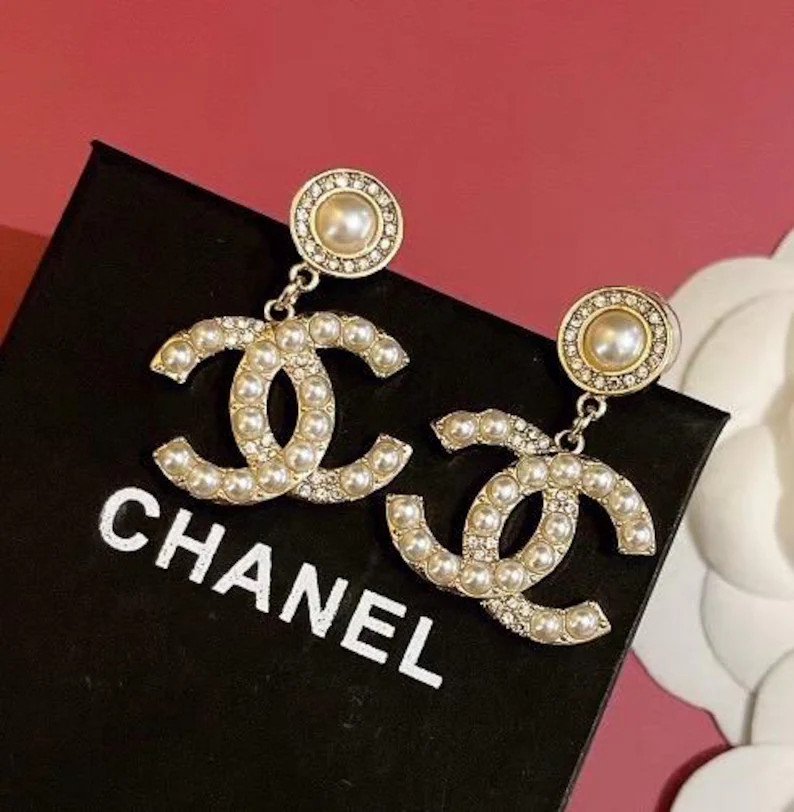 Vintage Chanel Pearl CC Drop Earrings – Gold Tone With Crystal Pave Accents - Etsy | Etsy (US)