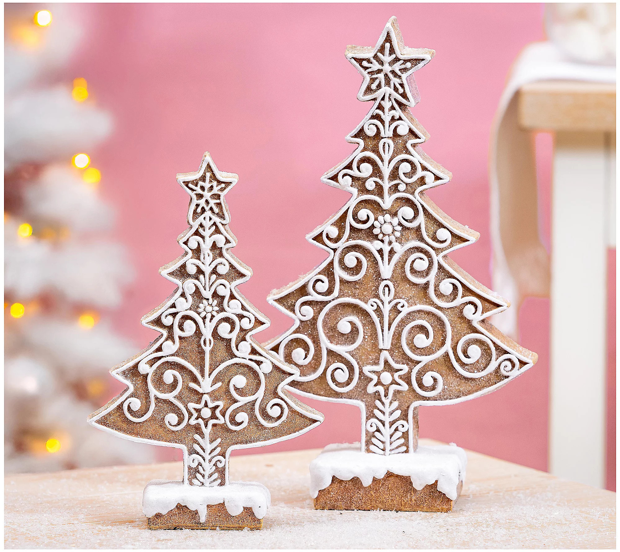Evergreen Set of 2 Resin Iced Gingerbread Trees Table Decor | QVC