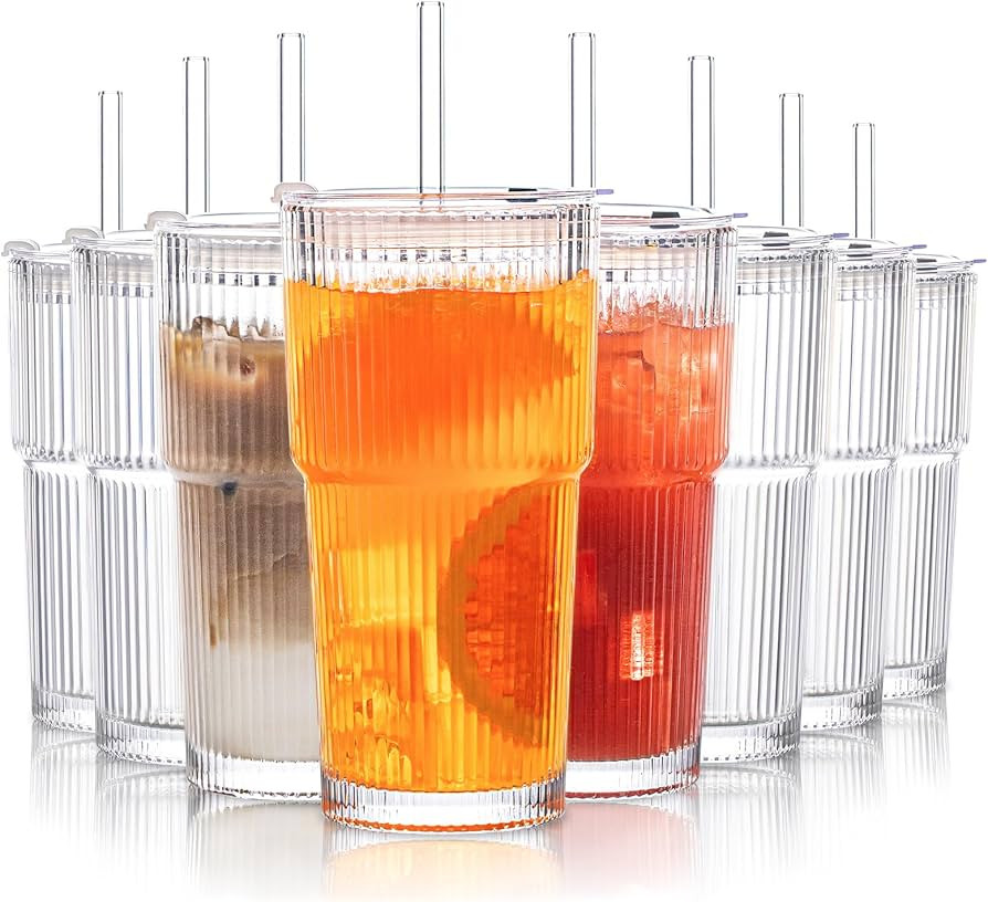 INSETLAN 8-Piece Glassware Set – 20 oz Ribbed Glass Tumblers with Lids and Glass Straws, Heavy-... | Amazon (US)