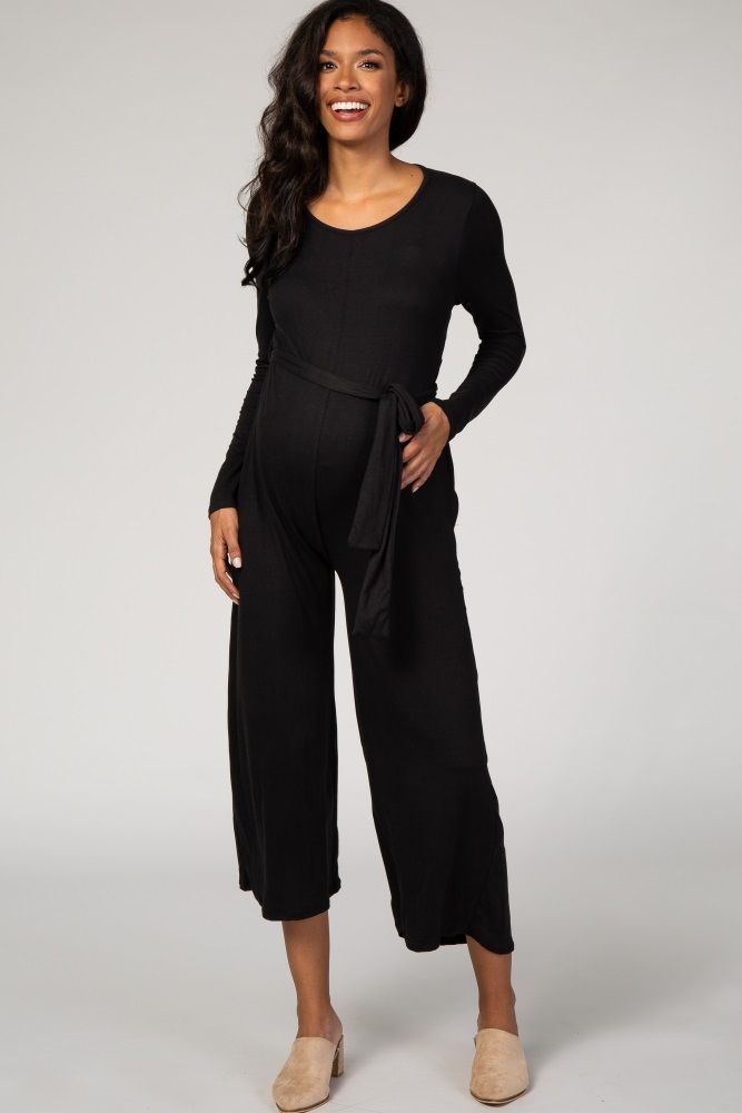 Black Long Sleeve Waist Tie Maternity Jumpsuit | PinkBlush Maternity