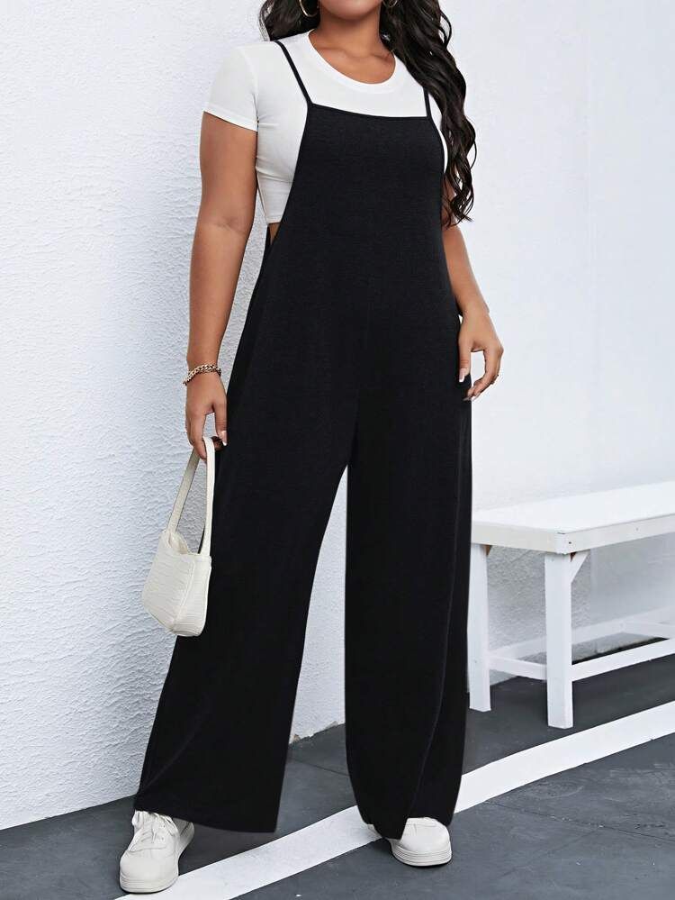 SHEIN EZwear Plus Solid Wide Leg Jumpsuit Without Tee | SHEIN