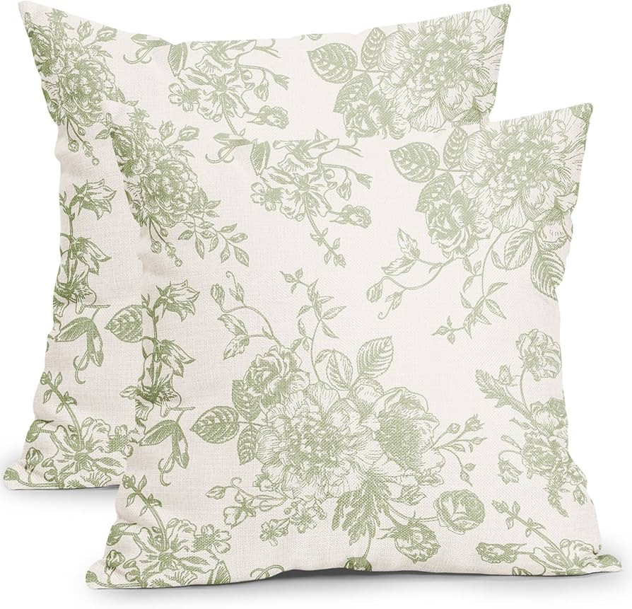 Vintage Floral Pillow Covers 18x18 Inch Set of 2 Sage Green and Cream Floral Throw Pillow Covers ... | Amazon (US)