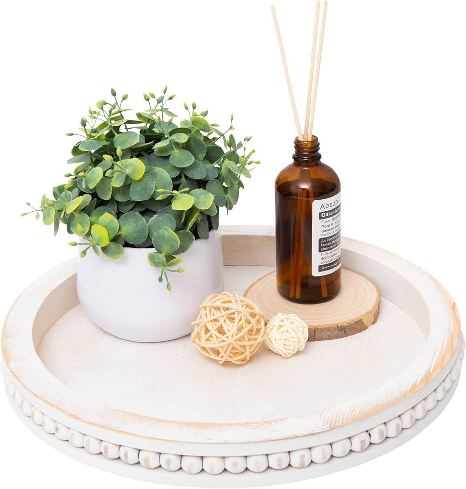 Round Coffee Table Tray, White Round Decorative Tray,Farmhouse Rustic Wooden Serving Trays for Ki... | Amazon (US)