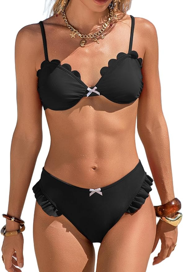 Shell Bikini Sets for Women String Straps Bow Swim Suits 2026 Ruffle Hem Buckle Open Back Bathing... | Amazon (US)
