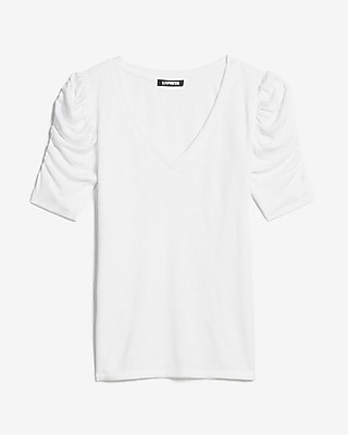 Slub Puff Sleeve V-Neck Tee | Express