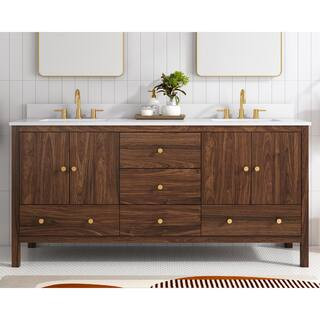 Glacier Bay Rory 72 in W x 20 in D x 35 in H Double Sink Bath Vanity in Walnut With White Enginee... | The Home Depot