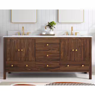 Rory 72 in W x 20 in D x 35 in H Double Sink Bath Vanity in Walnut With White Engineered Marble Stone Vanity Top | The Home Depot